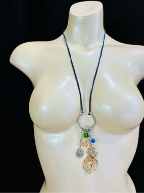 Blue Cord Leaf Pendant Necklace with Mixed Charms